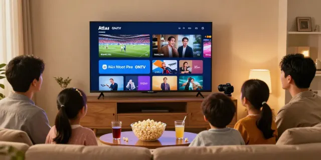 Famille profitant d'Atlas Pro ONTV sur leur Smart TV, ambiance chaleureuse.