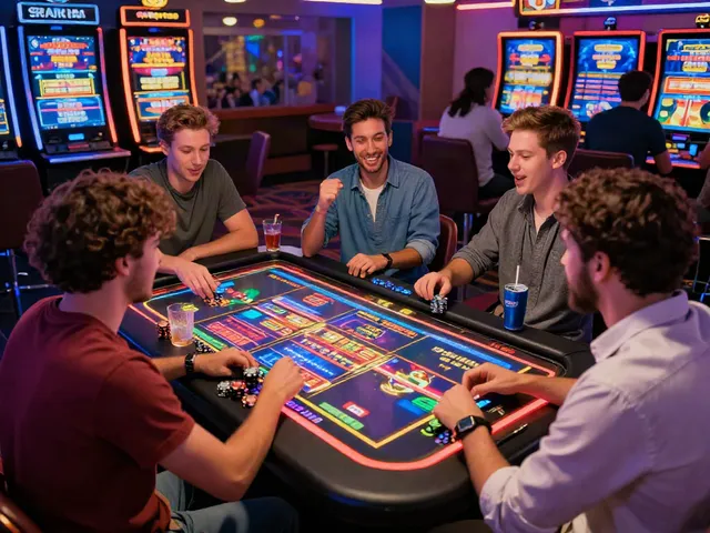 Ambiance de casinos sans dépôts avec joueurs enthousiastes autour d'une machine à sous.
