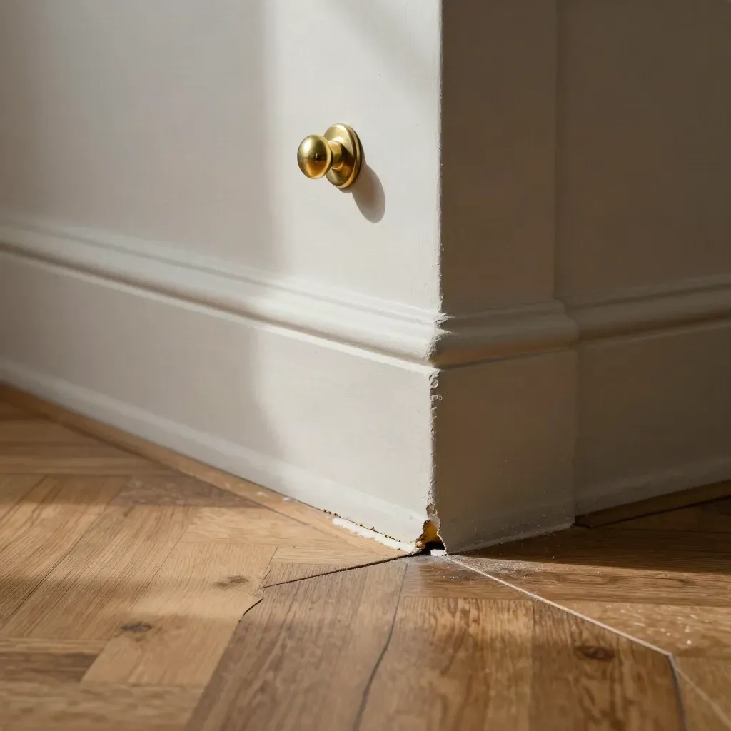 Angle de parquet ancien réparé, poignée en laiton et soubassement en plâtre, lumière tranchante.