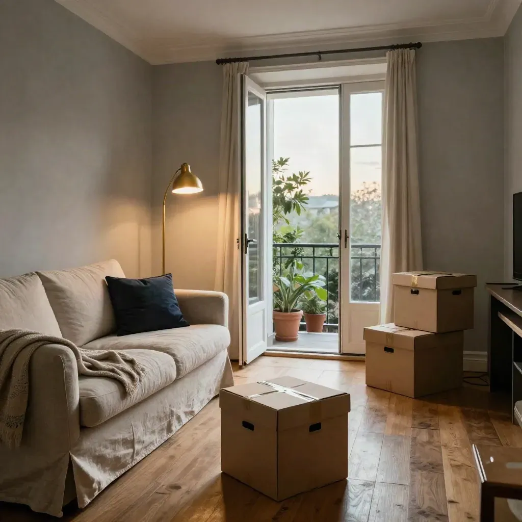 Salon prêt à emménager avec canapé en lin, cartons fermés et porte-fenêtre ouverte sur balcon.