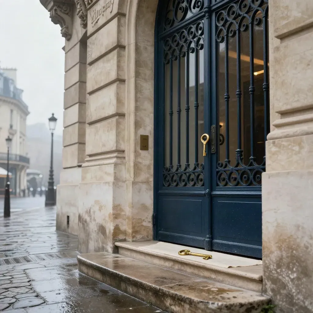 Porte haussmannienne ouverte sur un intérieur éclairé, clé en laiton sur pierre mouillée.