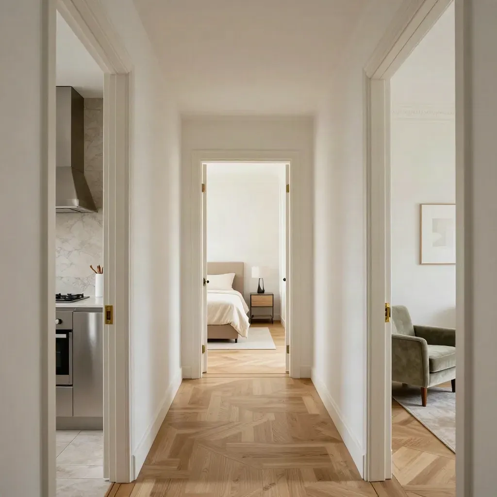 Couloir d’appartement avec trois portes ouvertes vers cuisine, chambre et salon lumineux.