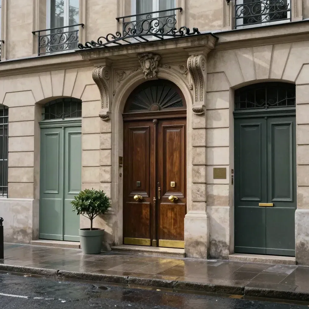 Trois entrées haussmanniennes après la pluie, portail central net, pavés satinés et brume légère.