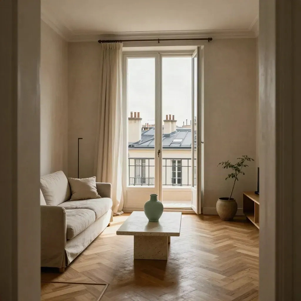 Séjour lyonnais rénové, parquet en point de Hongrie, canapé en lin et vue sur les toits.