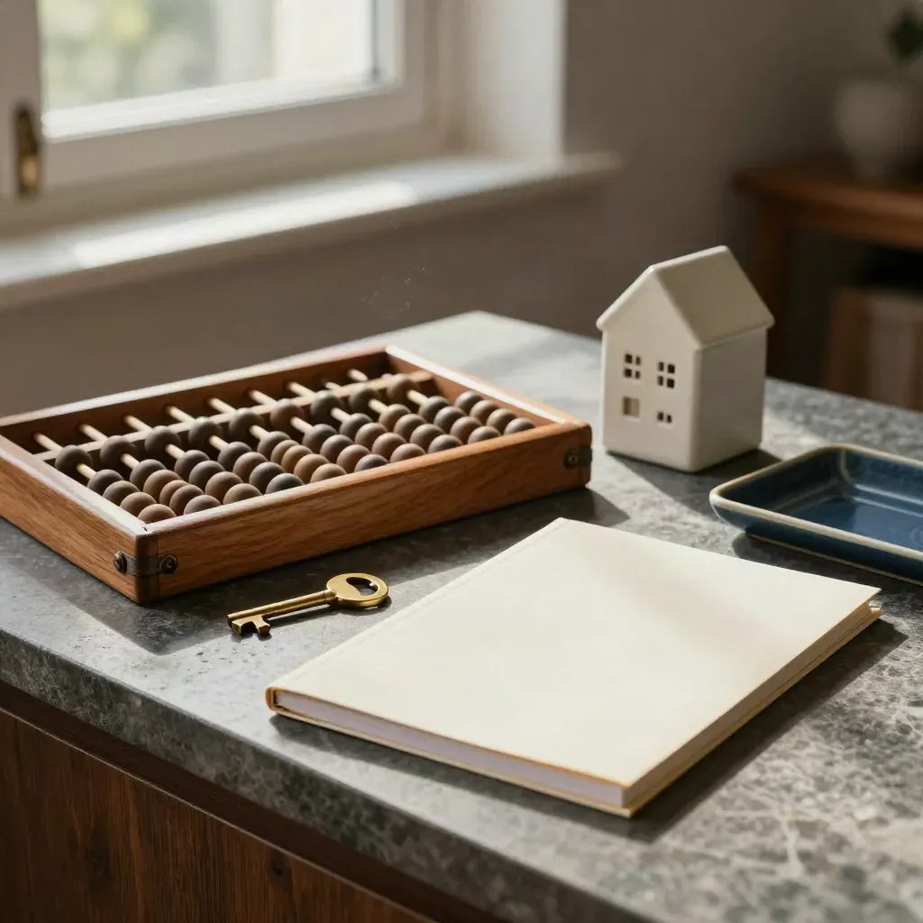 Abaque en bois, maison en céramique, clé en laiton et dossier crème sur plan sombre.