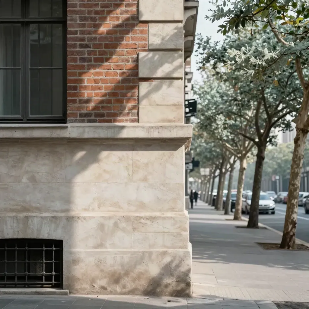 Façade en pierre, brique, grille de métro et arbres urbains vus d’en haut.