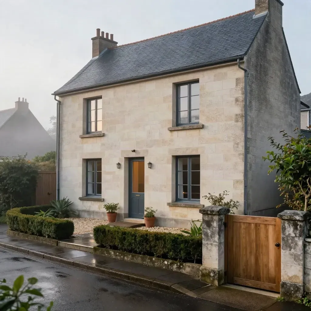 Maison nantaise finie, façade en pierre, toit ardoise et jardin simple dans une lumière humide.