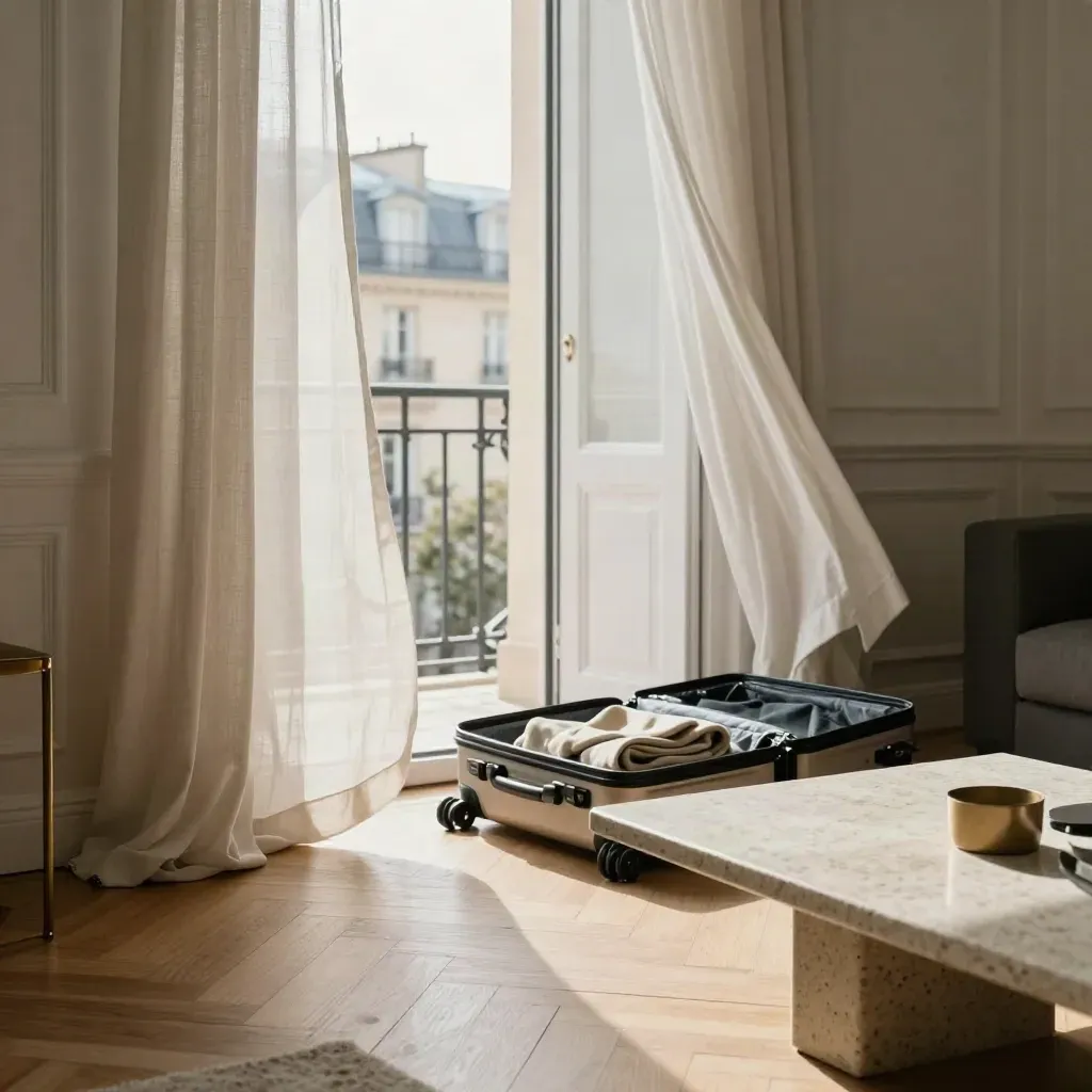 Appartement parisien clair avec valise ouverte, balcon et rideaux soulevés par l’air.