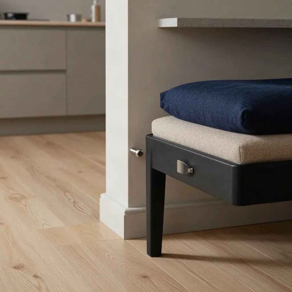 Studio lillois meublé, bois clair, métal noir et assise compacte, prêt pour la location.