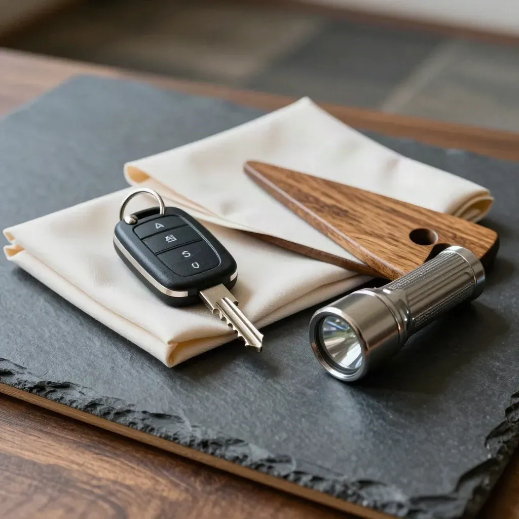 Kit de visite immobilier sur ardoise : clé, surchaussures, cale de porte et lampe torche.