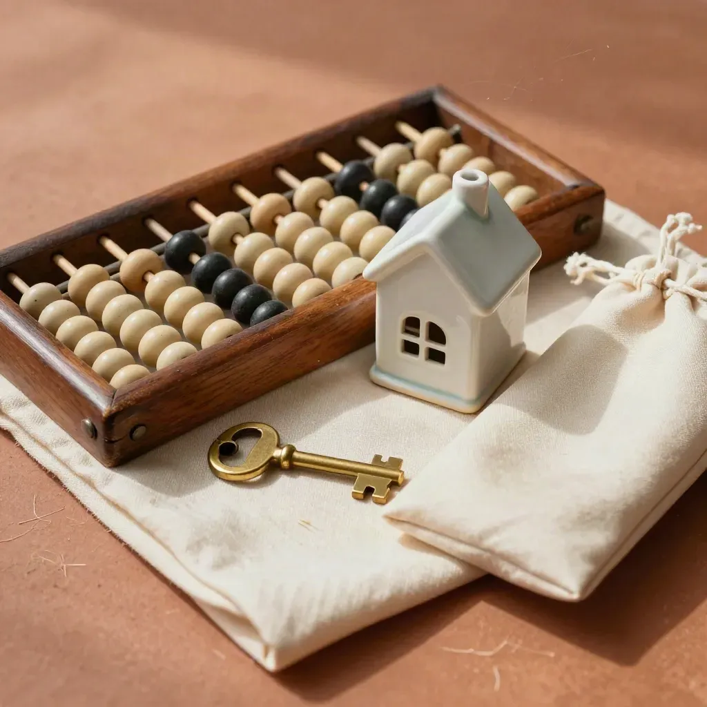 Abaque, maison céramique, clé en laiton et pochette crème sur surface terracotta.