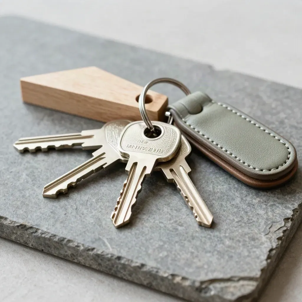 Trois clés d’appartement alignées avec porte-clés cuir et cale en bois sur pierre.