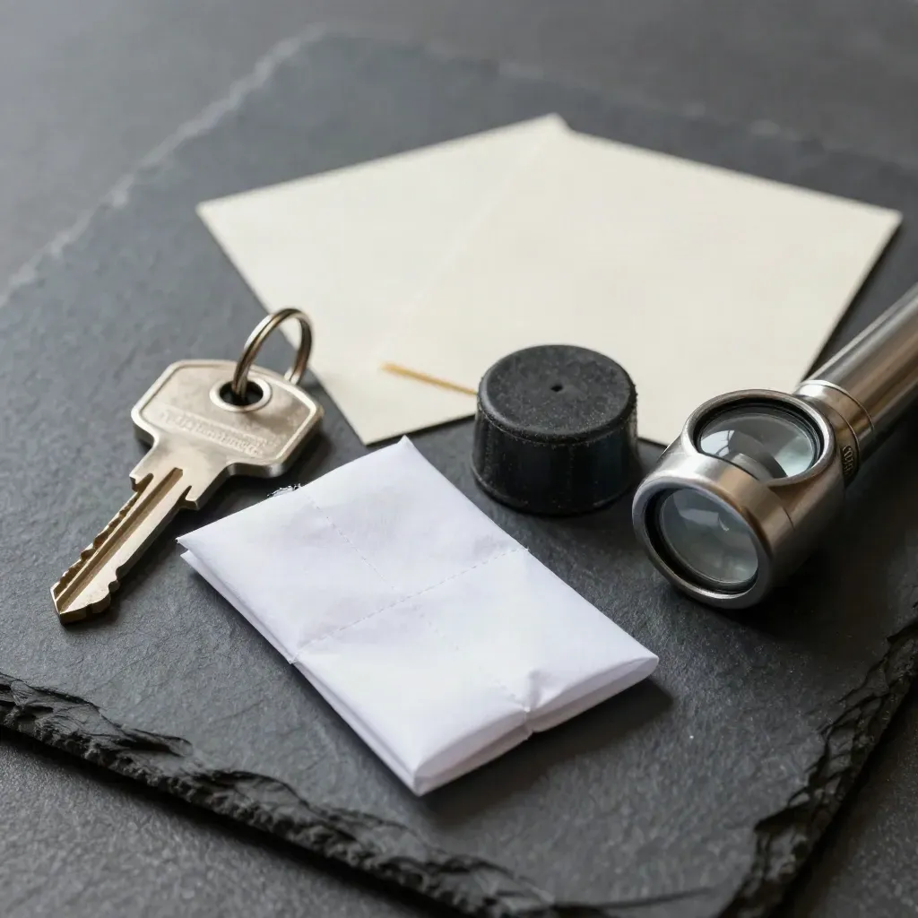 Clé, surchaussures pliées, cale-porte et lampe torche sur ardoise.