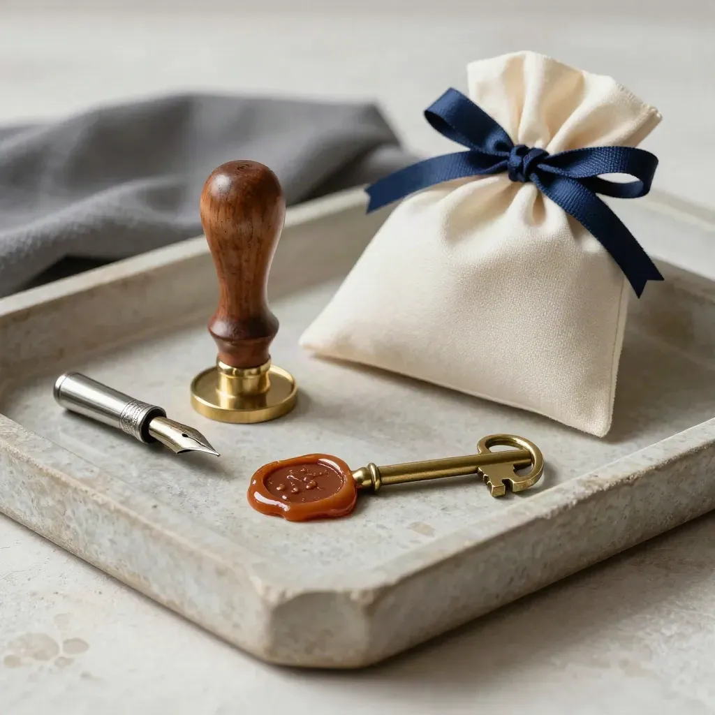 Nature morte premium: sceau de cire, clé en laiton, pochette crème et nib de stylo sur plateau de pierre.