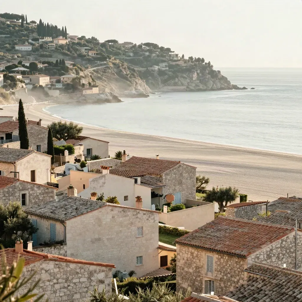 Panorama de la Côte d’Azur avec toits terracotta, pierre claire et mer adoucie par la brume.