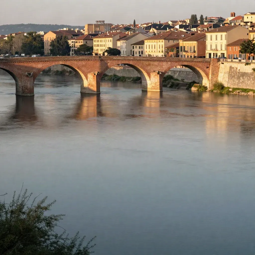 Arches en brique rose d’Occitanie au bord d’un fleuve calme, ville basse et lumière dorée.