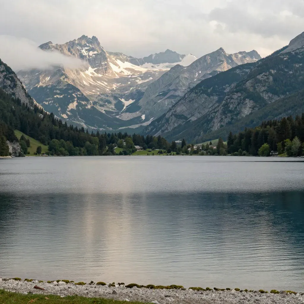 Lac alpin d’Auvergne-Rhône-Alpes, massifs brumeux et rive discrète sous une lumière fraîche.